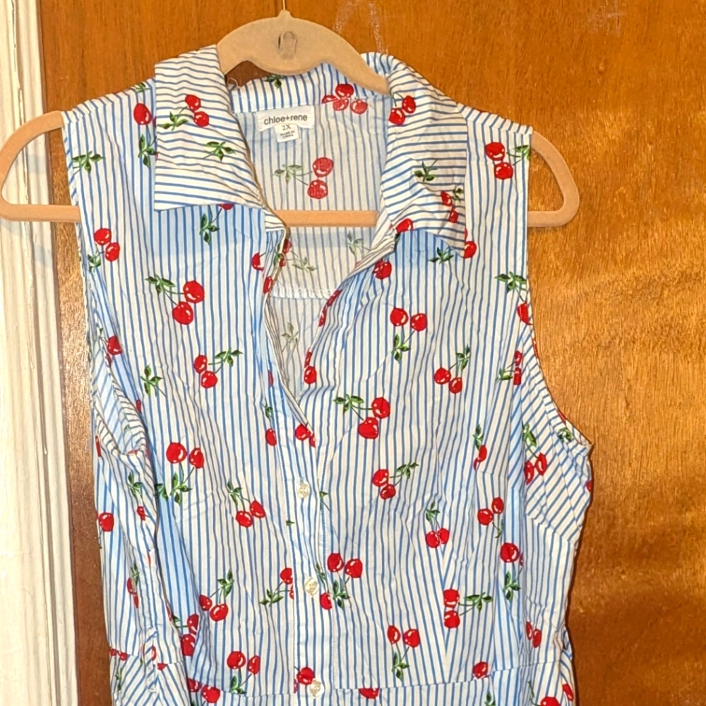 Chloe +Rene White With Blue StripesCherry Print Sleeveless Dress